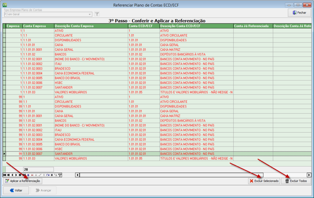 tela da referenciação de contas destacando asconfigurações finais de excluir ou alterar referenciação