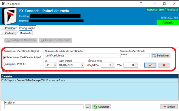 tela de configuração do certificado digital para manifestação de documentos fiscais